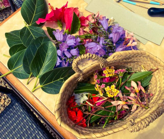 Selection of collected flowers in a wicker basket