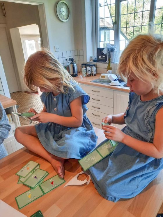 2 young girls sat on a kitchen worktop while looking at cards for a craft activity