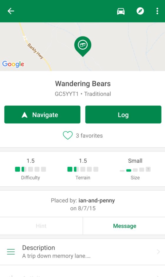 Screenshot of Geocaching app
