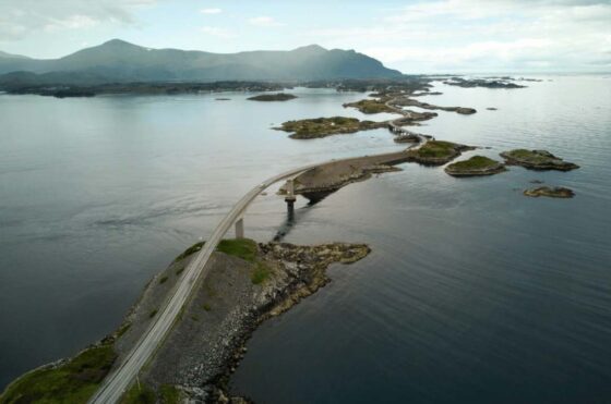 Road spanning many small islands in the sea in Norway