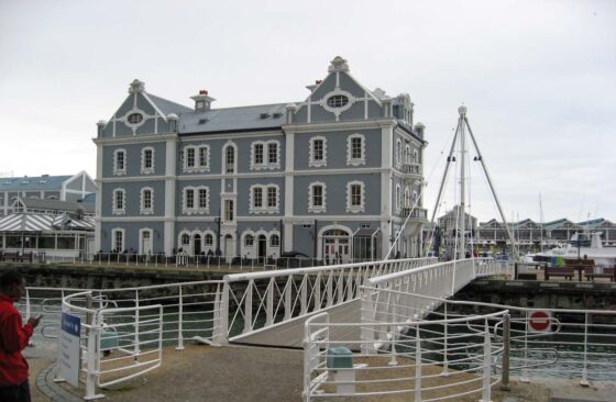 Historic wharf building in a port