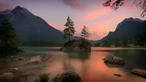 Wilderness lake mountain scene at sunset