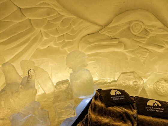 Inside an enclosed bedroom made of snow with a magpie carved on the wall and ice sculptures