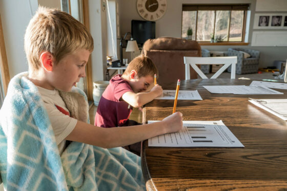 2 boys doing school work at a dining room table